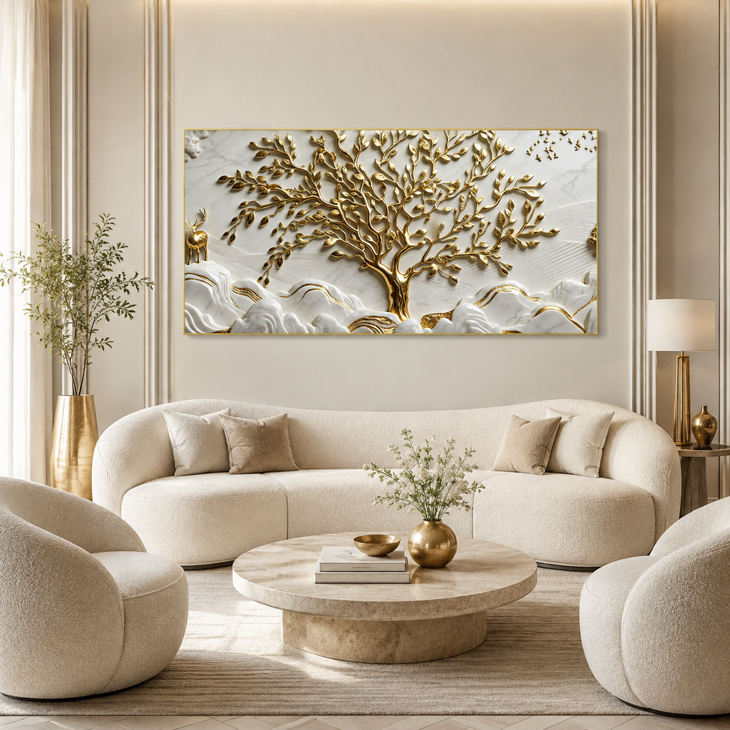 Luxurious 3D Marble Texture Golden Tree Wall Decor Canvas Print Frame