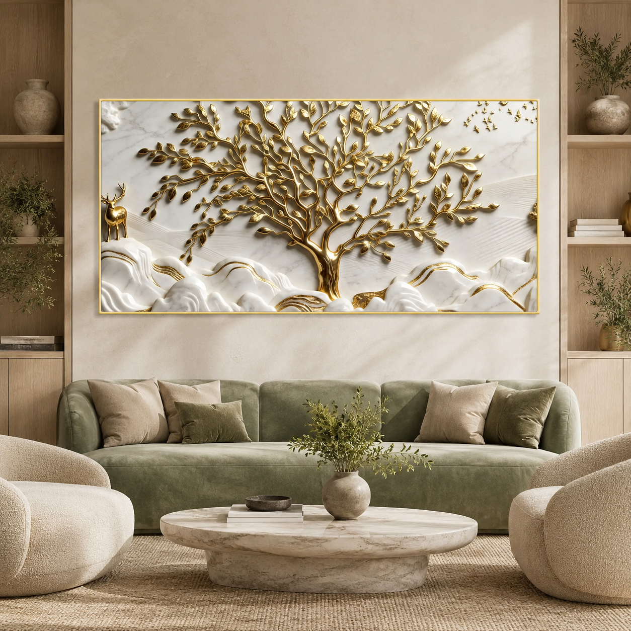 Luxurious 3D Marble Texture Golden Tree Wall Decor Canvas Print Frame