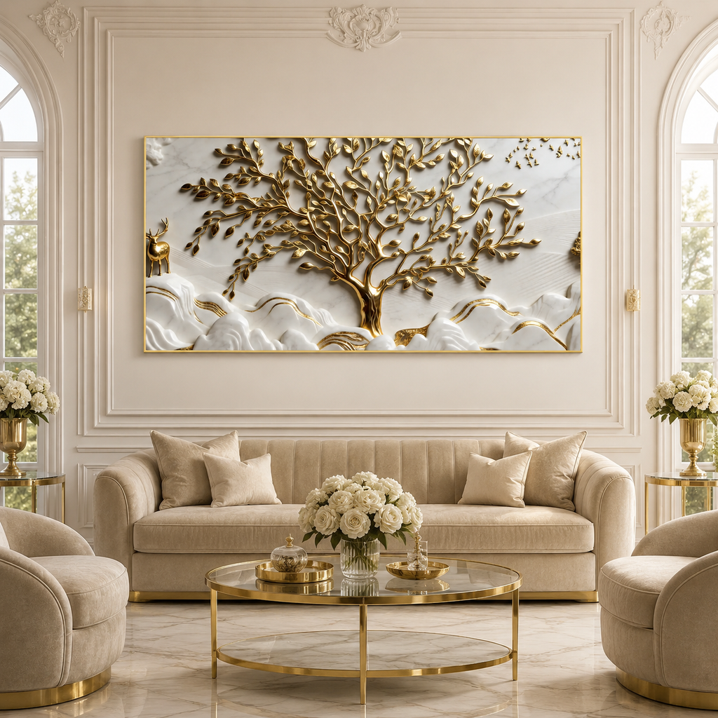 Luxurious 3D Marble Texture Golden Tree Wall Decor Canvas Print Frame