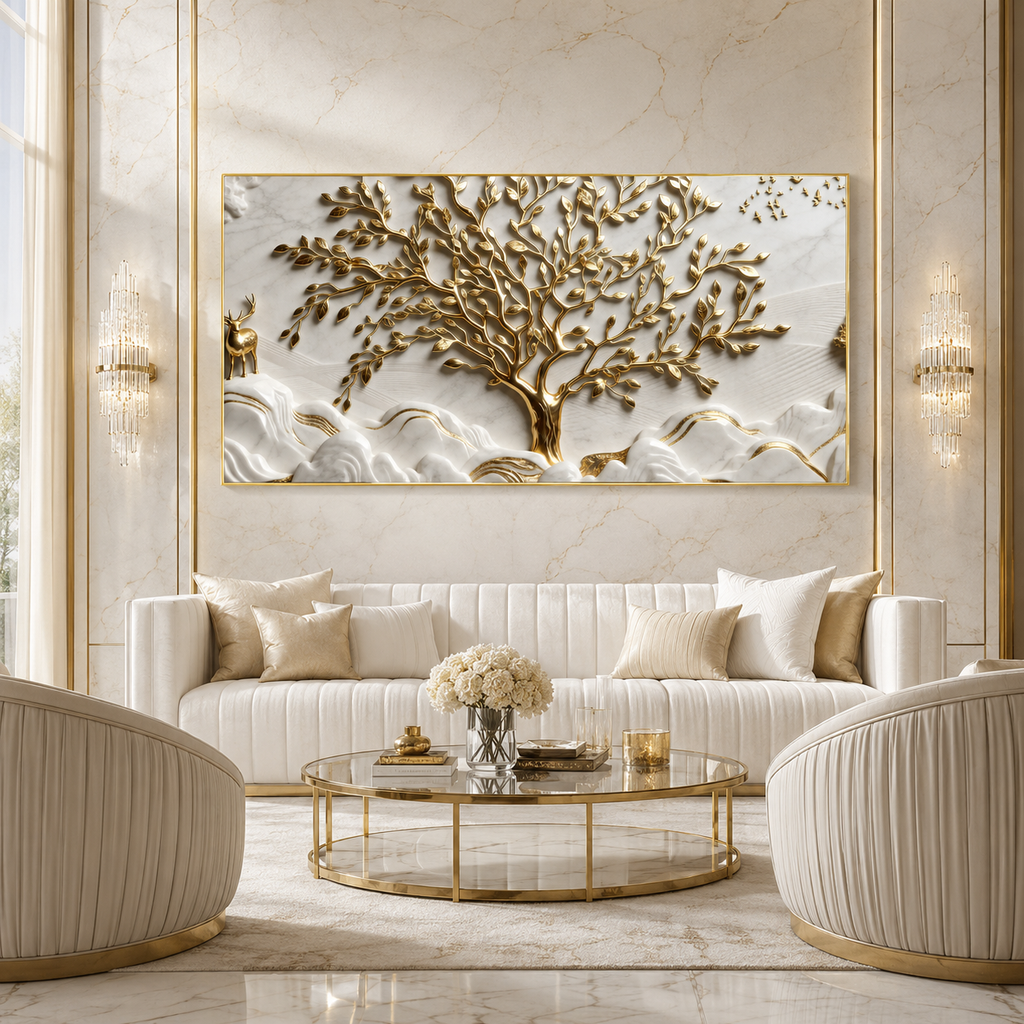 Luxurious 3D Marble Texture Golden Tree Wall Decor Canvas Print Frame