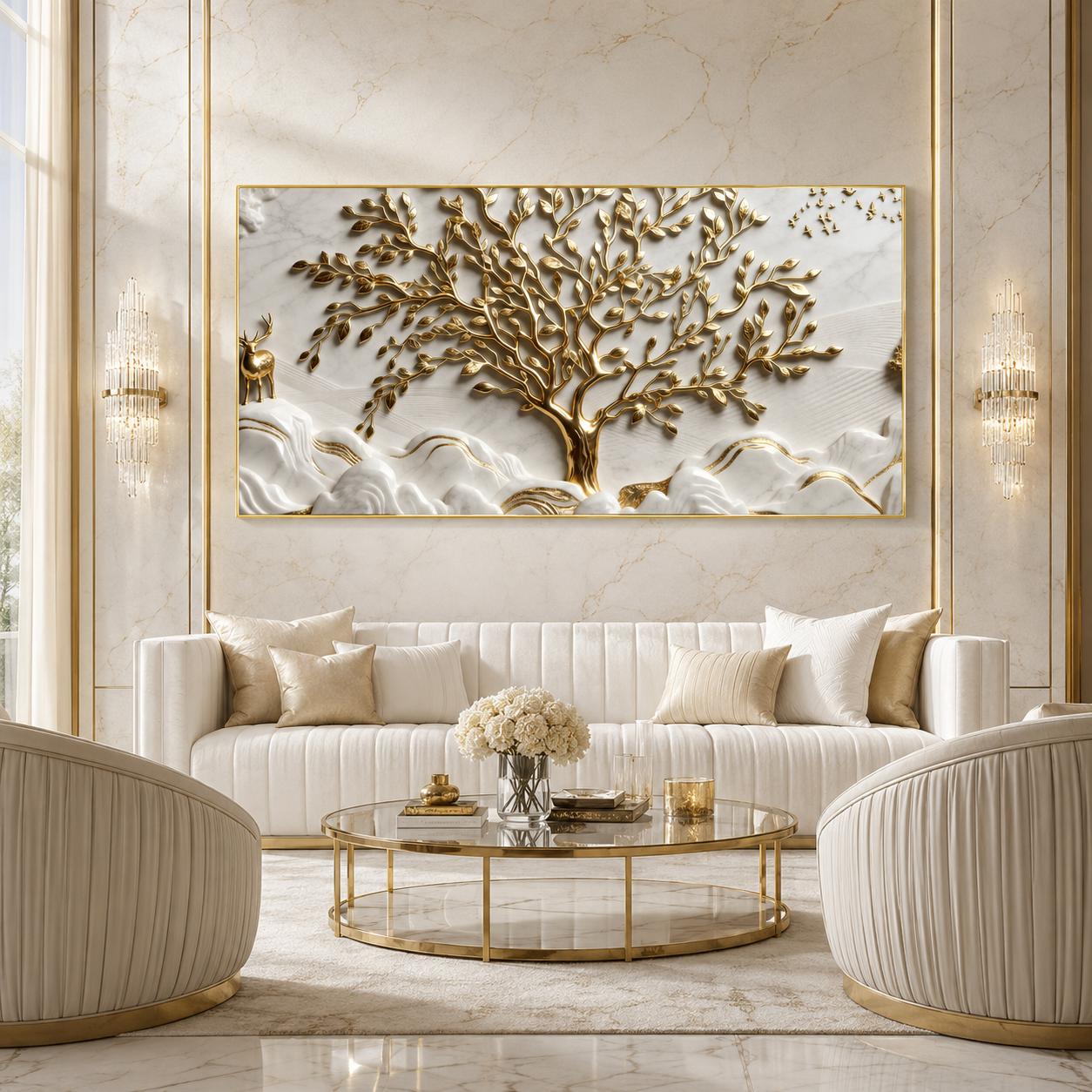 Luxurious 3D Marble Texture Golden Tree Wall Decor Canvas Print Frame