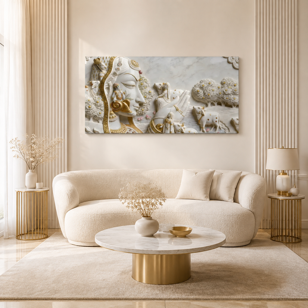 Celestial Kamadhenu Cow and Devotional Heritage 3D Canvas Wall Painting