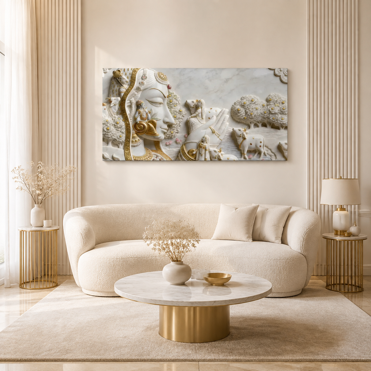 Celestial Kamadhenu Cow and Devotional Heritage 3D Canvas Wall Painting