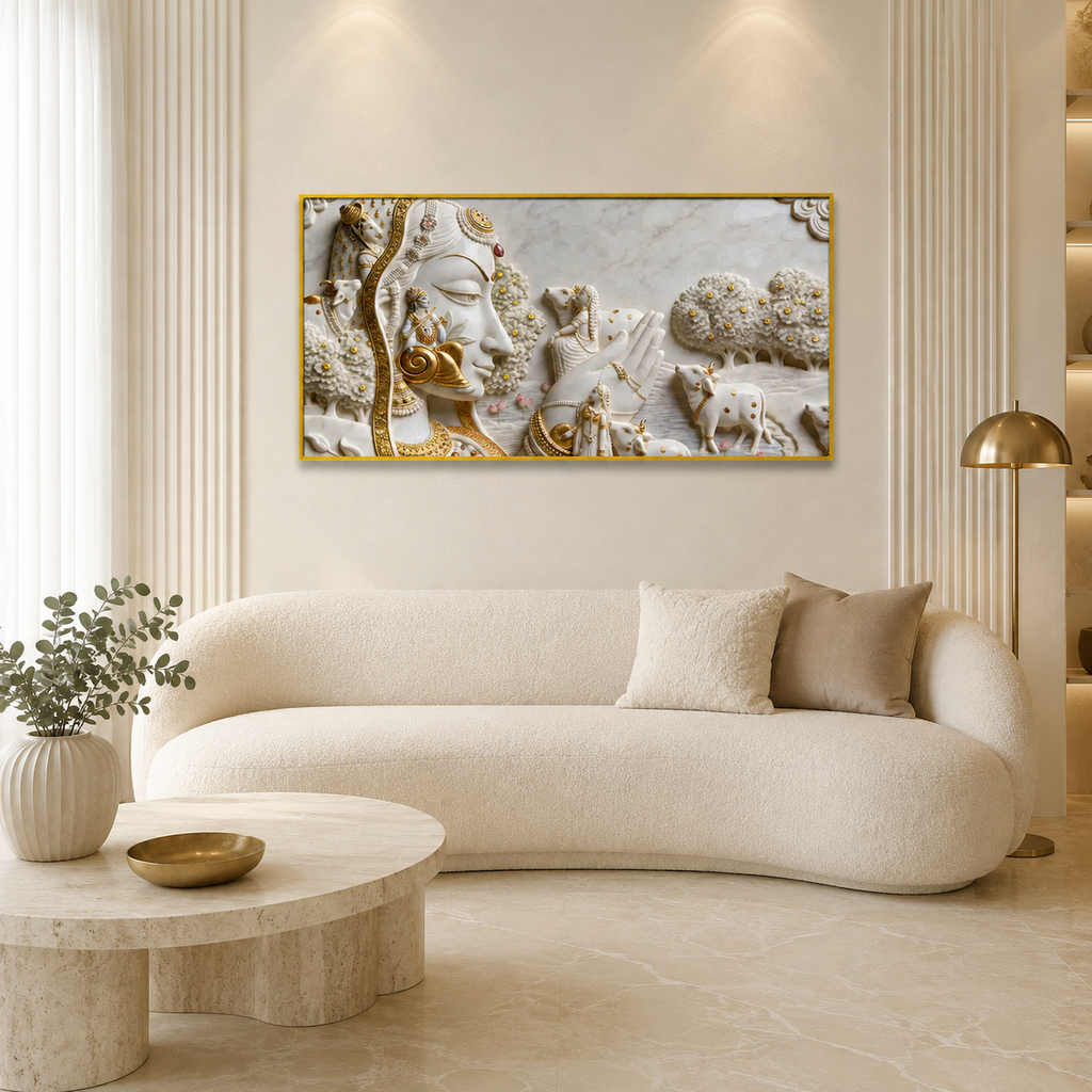 Celestial Kamadhenu Cow and Devotional Heritage 3D Canvas Wall Painting