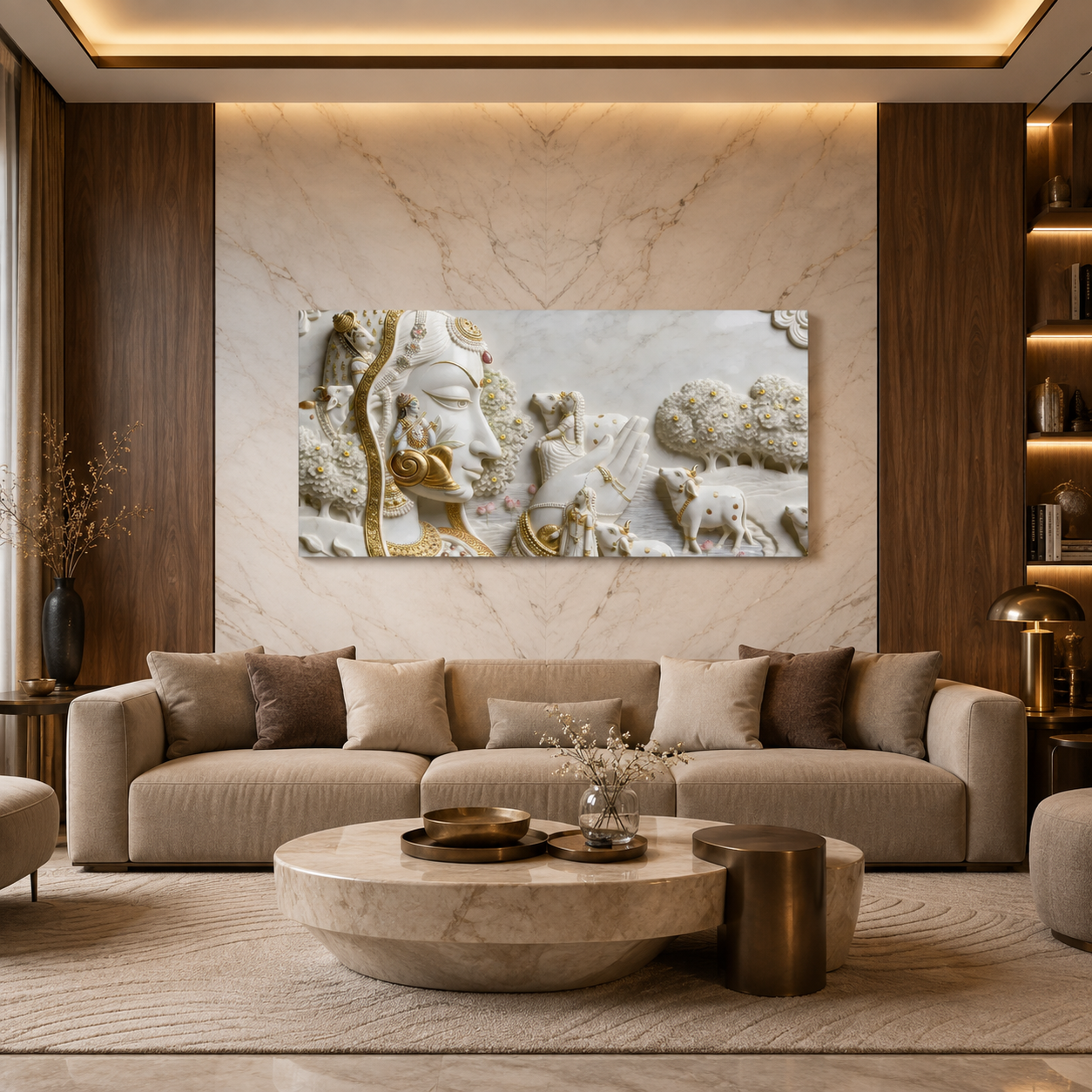 Celestial Kamadhenu Cow and Devotional Heritage 3D Canvas Wall Painting