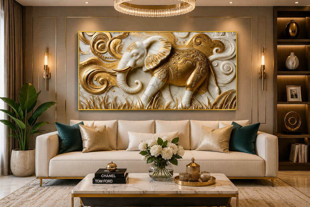 Elegant 3D Embossed Golden Elephant Painting - Sculpted Faux Marble Wall Decor for Living Room