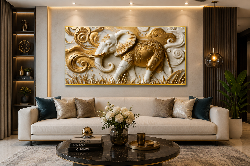 Elegant 3D Embossed Golden Elephant Painting - Sculpted Faux Marble Wall Decor for Living Room