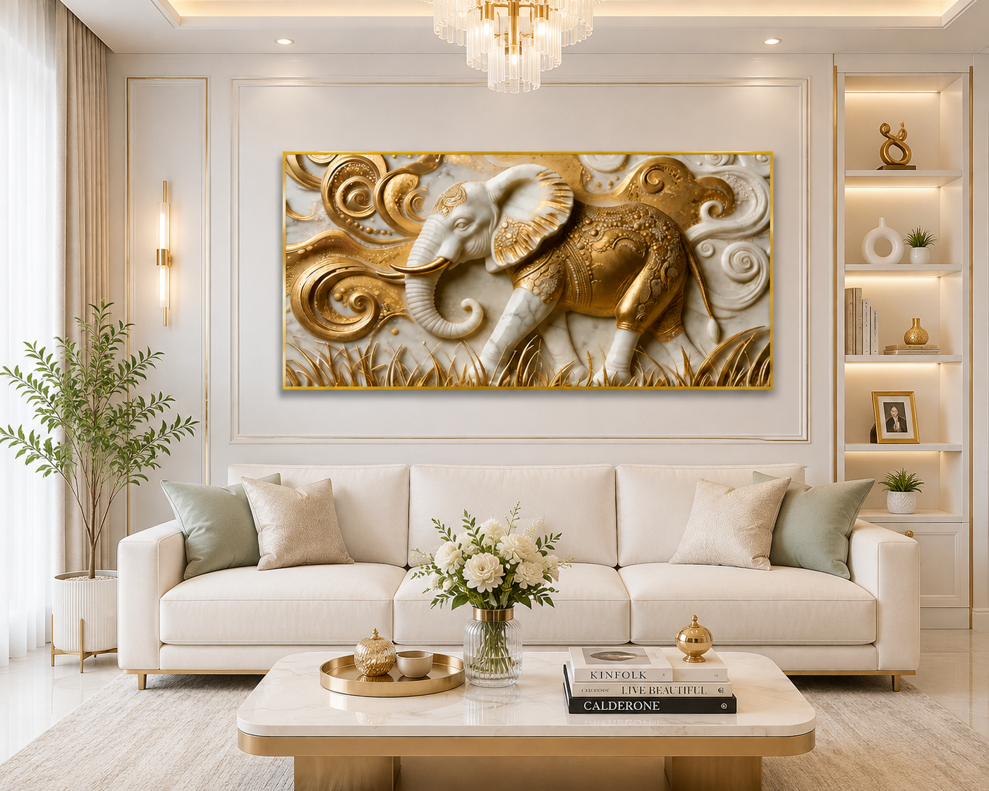 Elegant 3D Embossed Golden Elephant Painting - Sculpted Faux Marble Wall Decor for Living Room