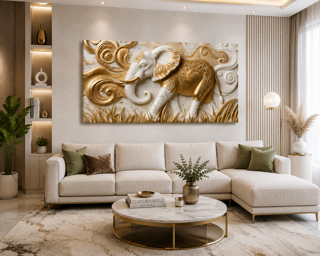 Elegant 3D Embossed Golden Elephant Painting - Sculpted Faux Marble Wall Decor for Living Room