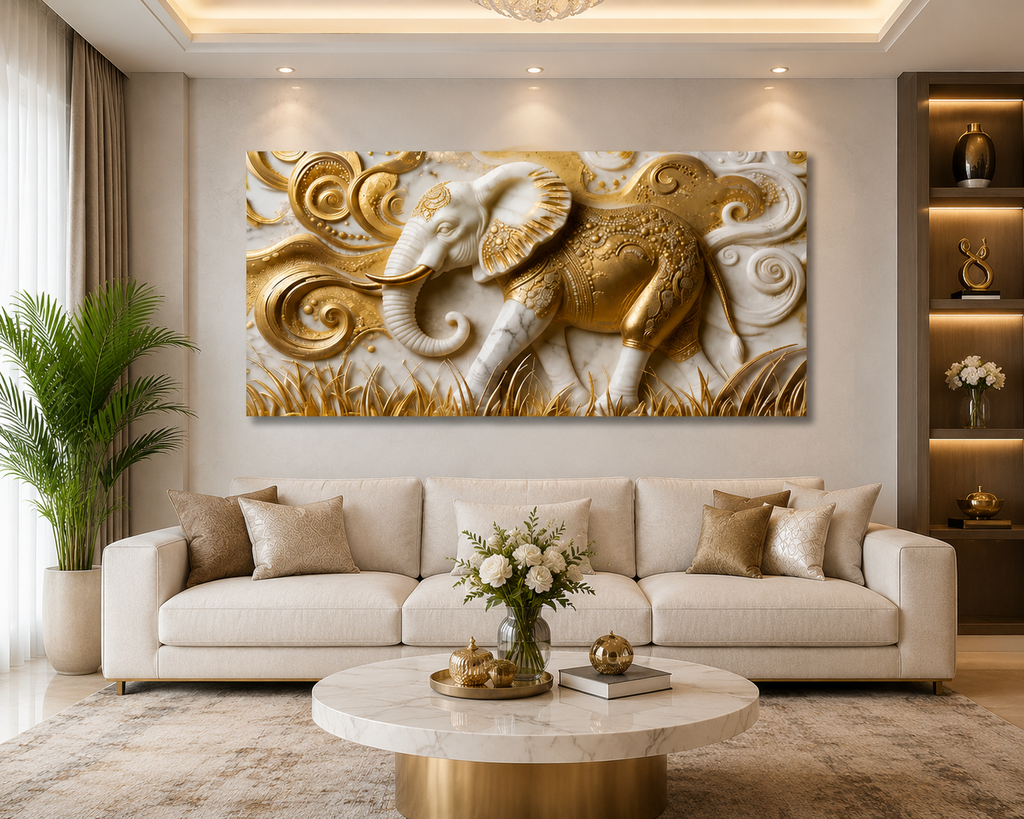 Elegant 3D Embossed Golden Elephant Painting - Sculpted Faux Marble Wall Decor for Living Room