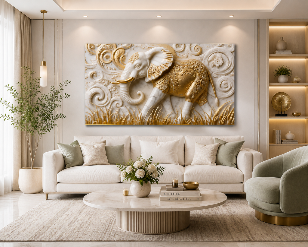 Elegant 3D Embossed Golden Elephant Painting - Sculpted Faux Marble Wall Decor for Living Room