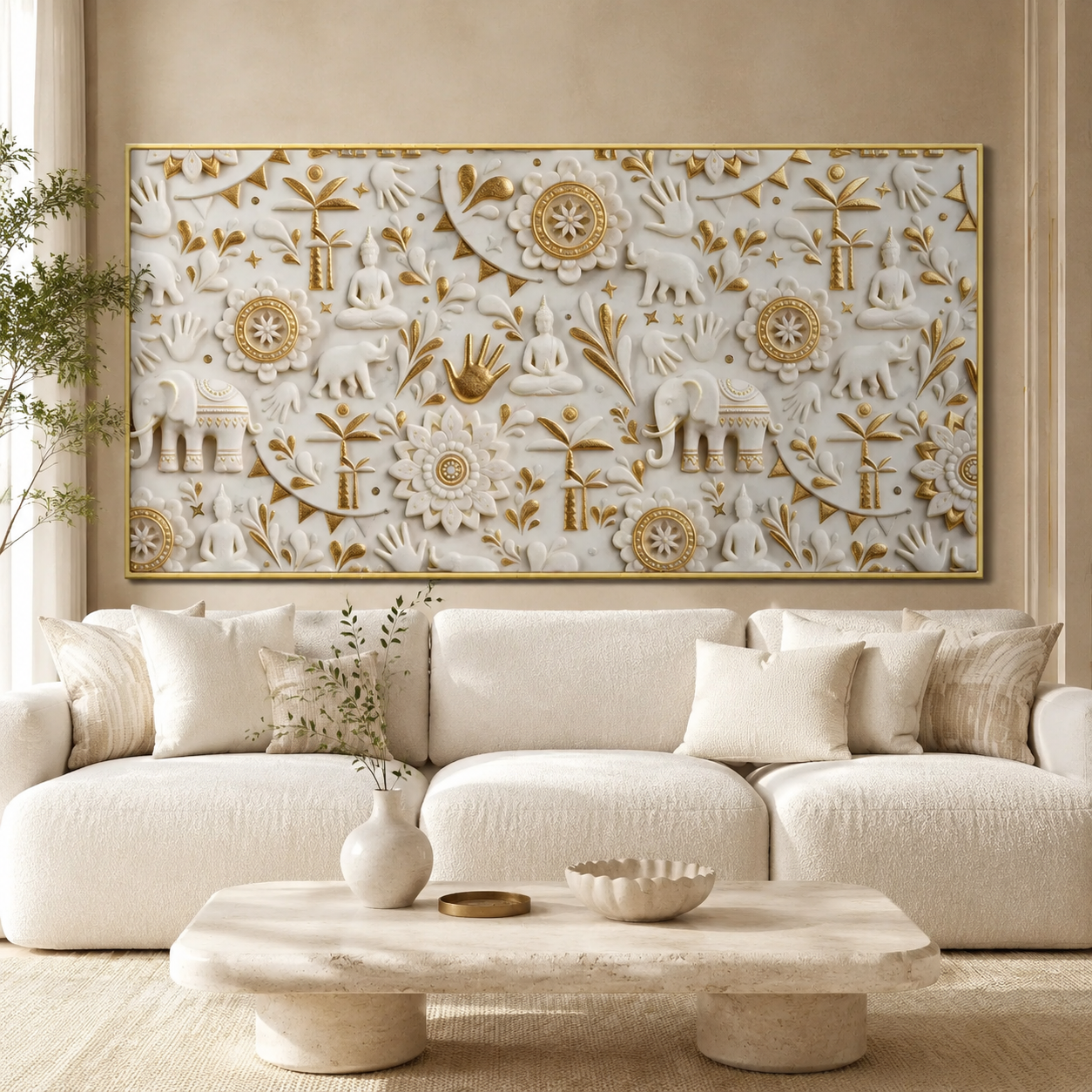 Royal 3D White Gold Spiritual Elephant and Buddha Mandala Canvas Wall Art