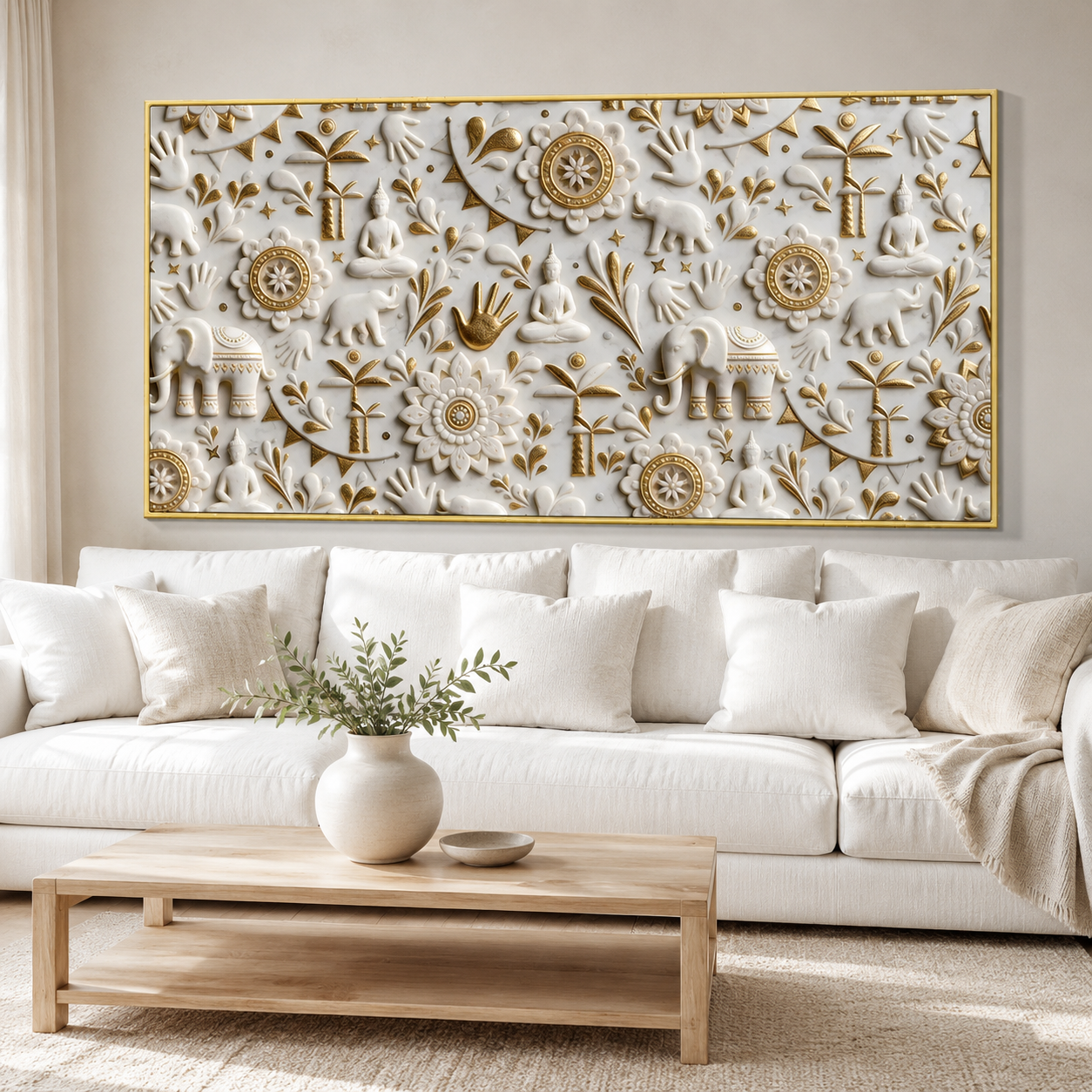 Royal 3D White Gold Spiritual Elephant and Buddha Mandala Canvas Wall Art