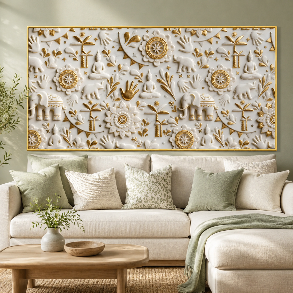 Royal 3D White Gold Spiritual Elephant and Buddha Mandala Canvas Wall Art