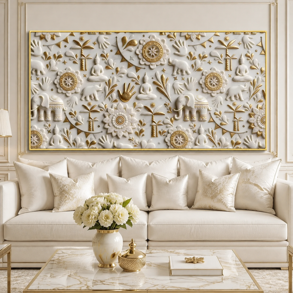 Royal 3D White Gold Spiritual Elephant and Buddha Mandala Canvas Wall Art