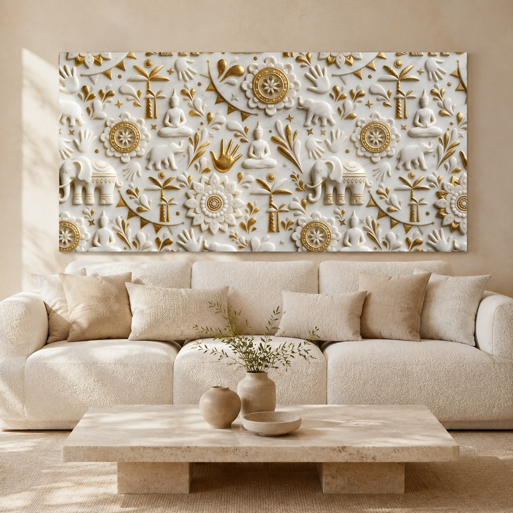Royal 3D White Gold Spiritual Elephant and Buddha Mandala Canvas Wall Art