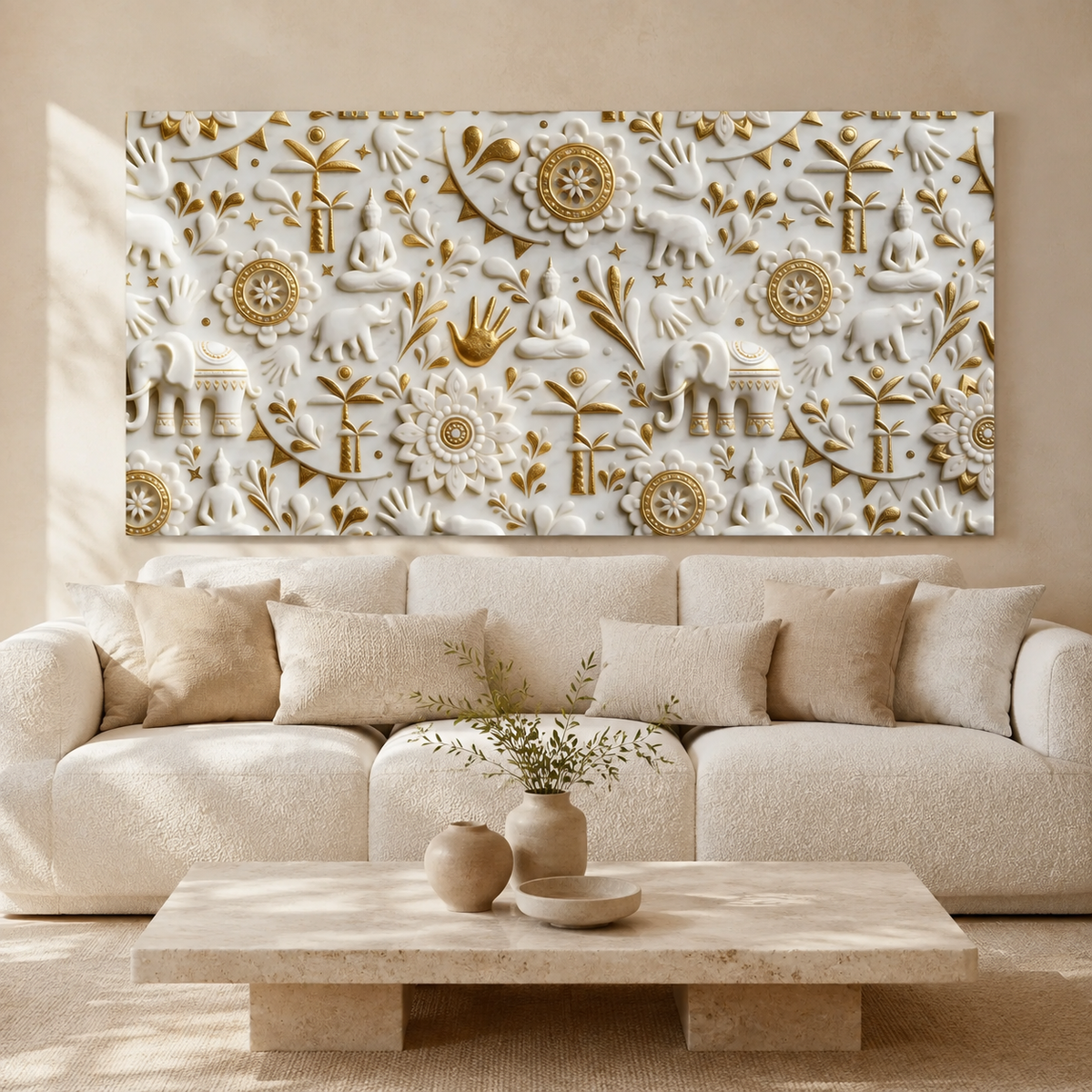 Royal 3D White Gold Spiritual Elephant and Buddha Mandala Canvas Wall Art