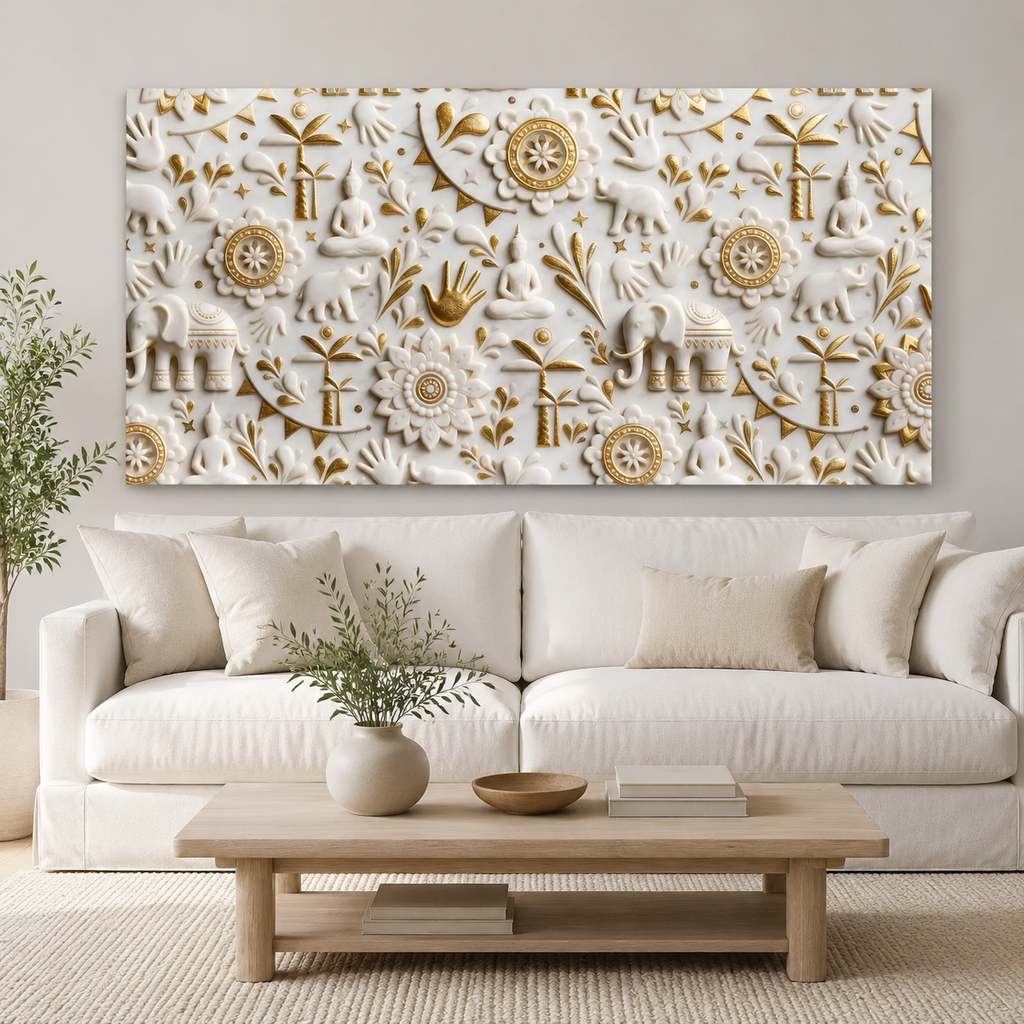 Royal 3D White Gold Spiritual Elephant and Buddha Mandala Canvas Wall Art