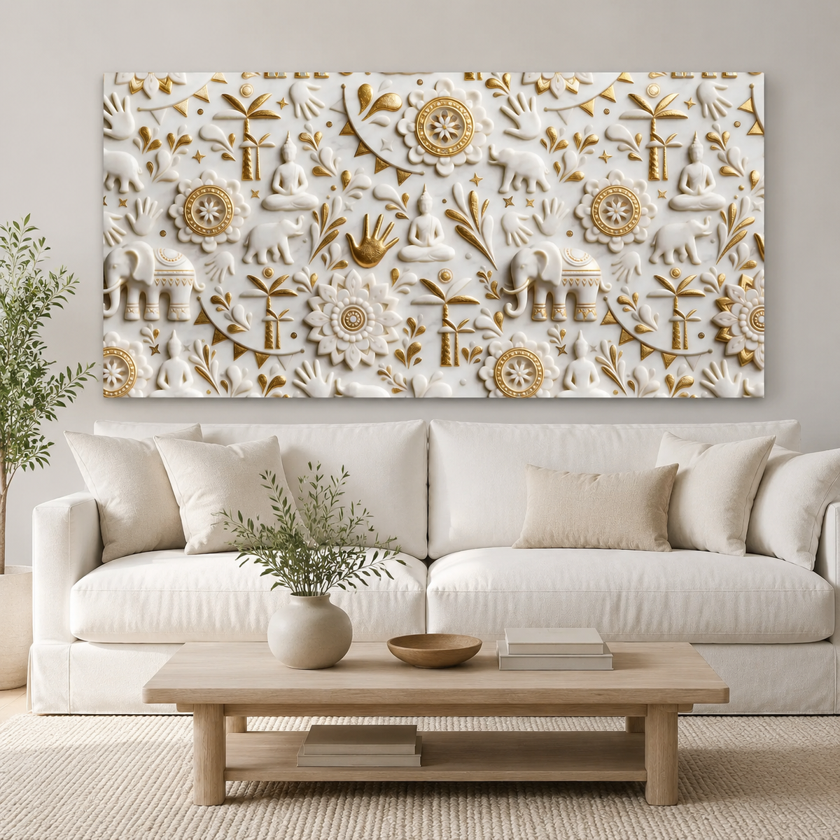 Royal 3D White Gold Spiritual Elephant and Buddha Mandala Canvas Wall Art