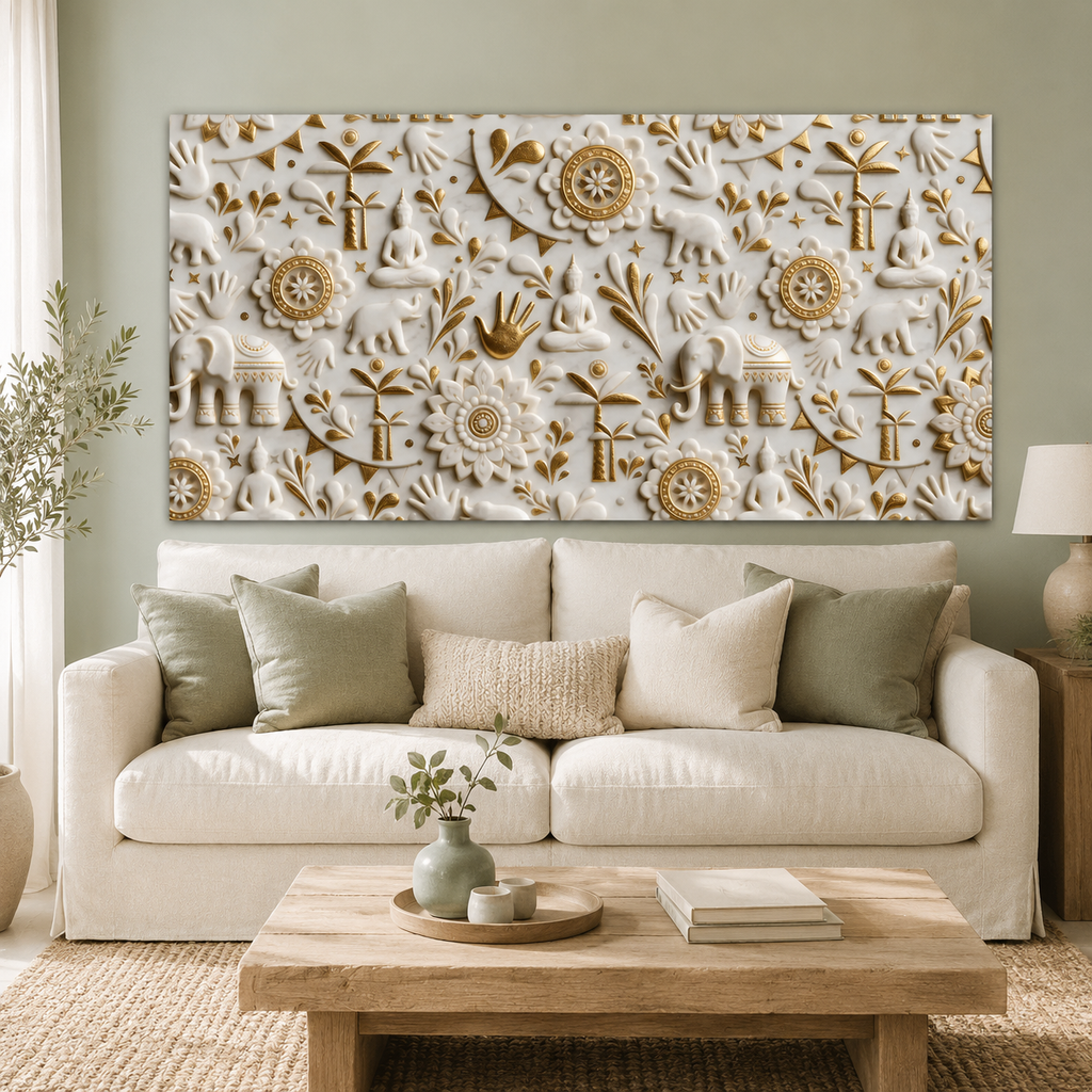 Royal 3D White Gold Spiritual Elephant and Buddha Mandala Canvas Wall Art
