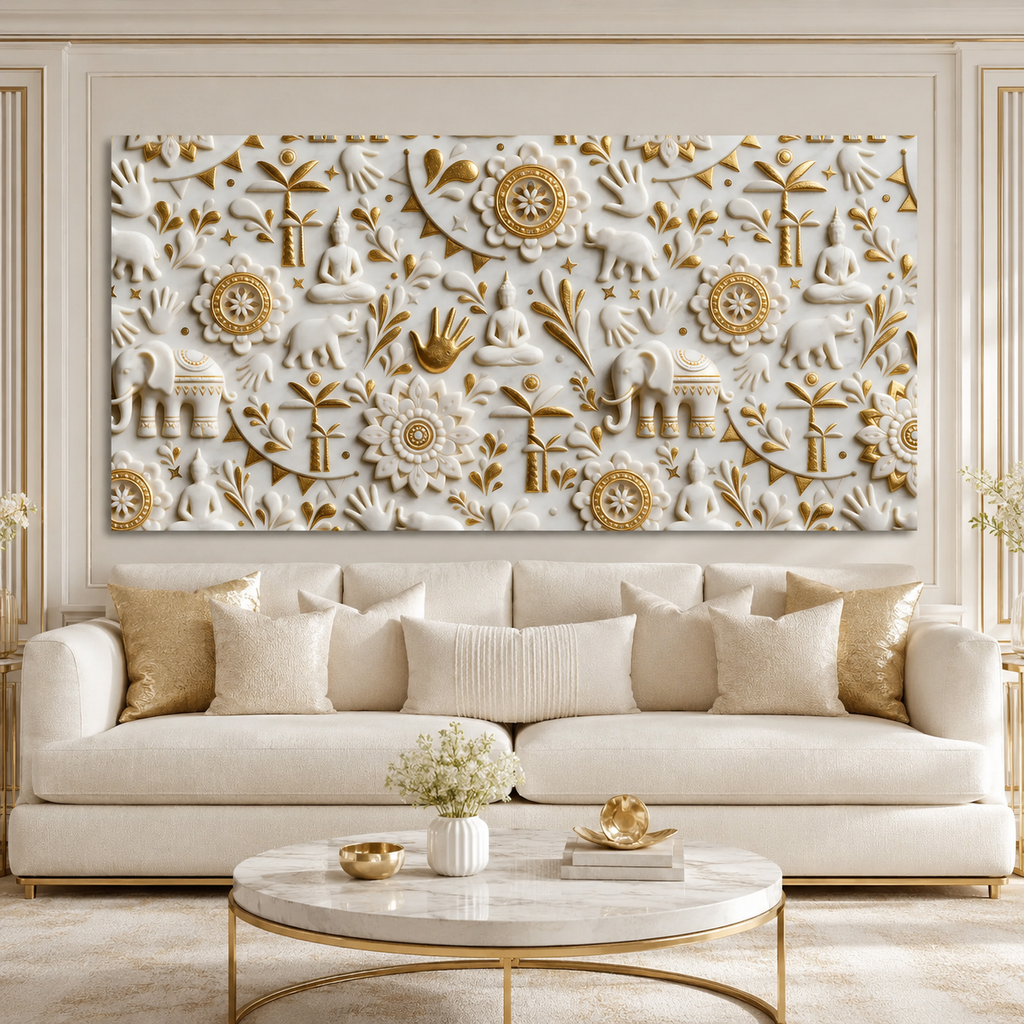 Royal 3D White Gold Spiritual Elephant and Buddha Mandala Canvas Wall Art