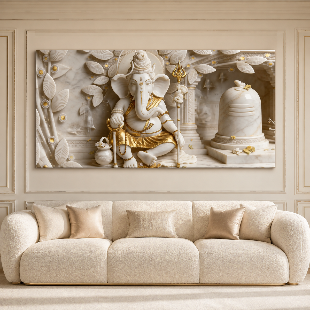 Royal 3D White Gold Ganesha Temple Canvas Painting with Shivling for Home Decor