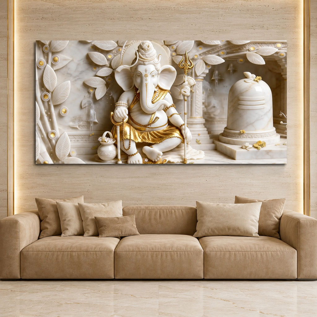 Royal 3D White Gold Ganesha Temple Canvas Painting with Shivling for Home Decor