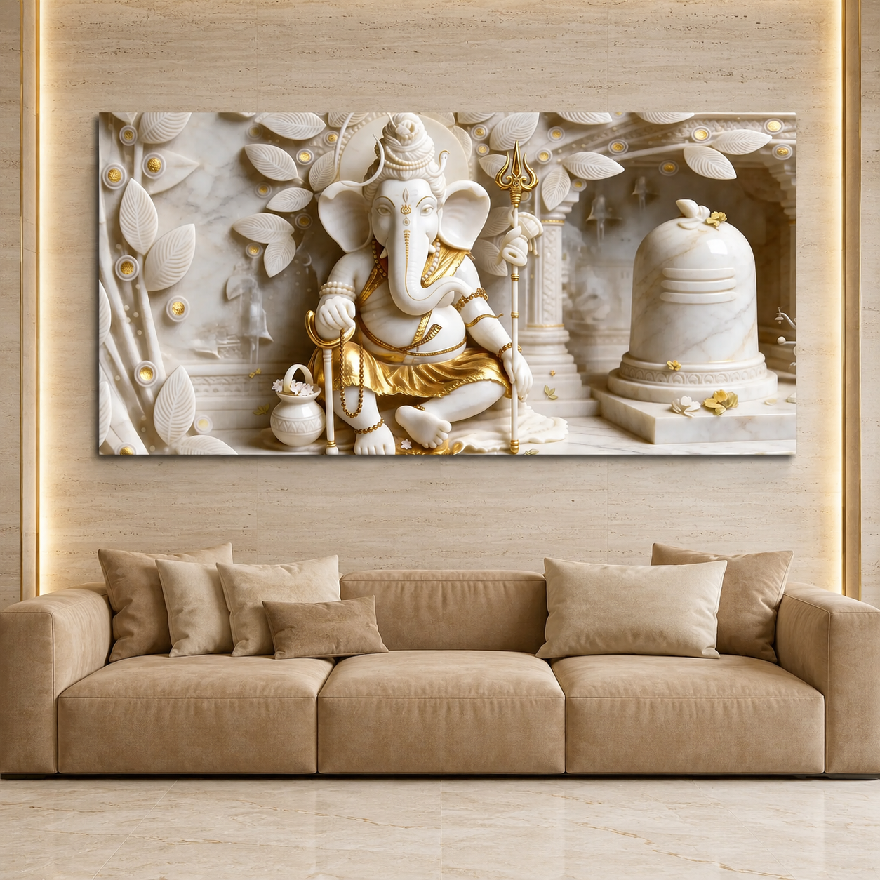 Royal 3D White Gold Ganesha Temple Canvas Painting with Shivling for Home Decor