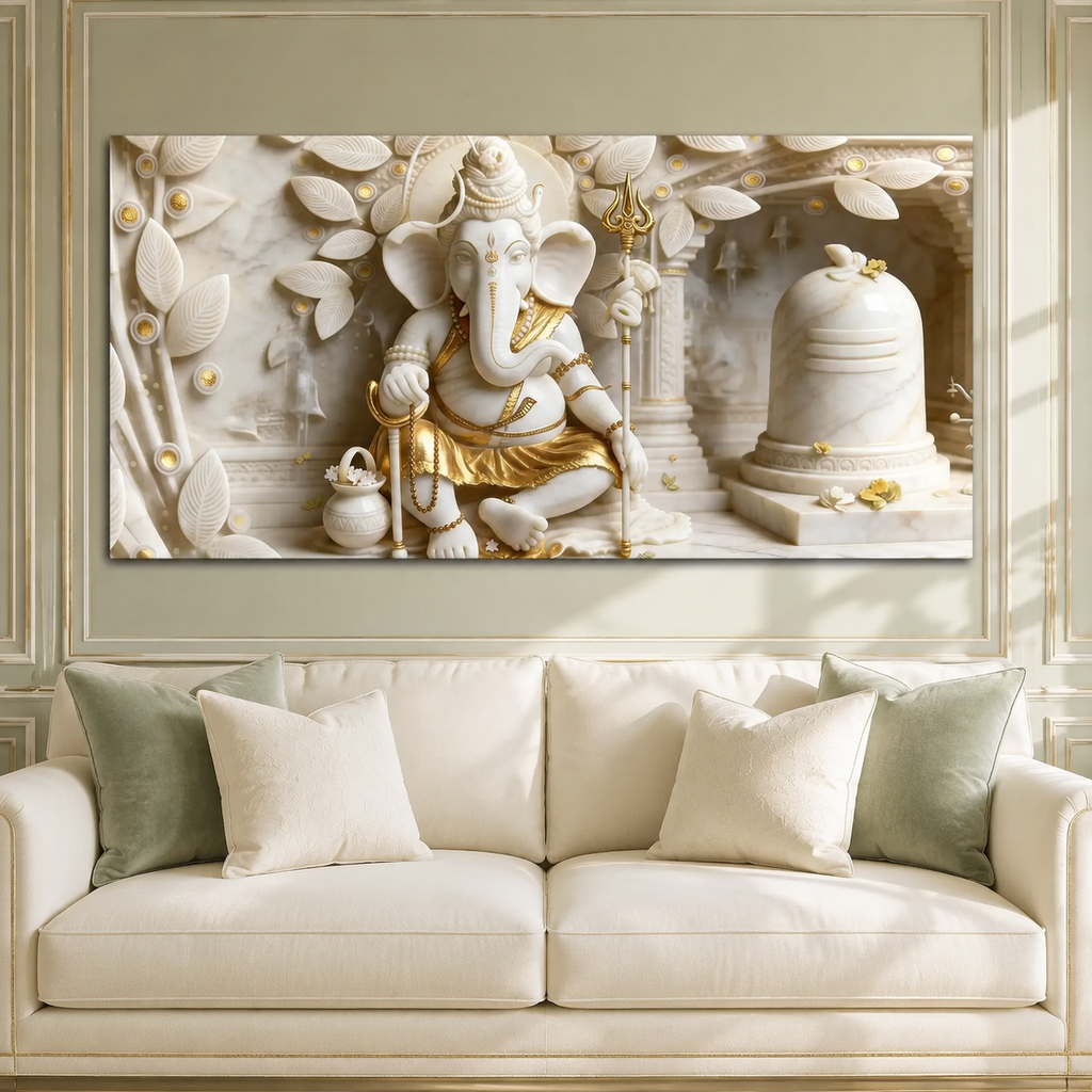 Royal 3D White Gold Ganesha Temple Canvas Painting with Shivling for Home Decor