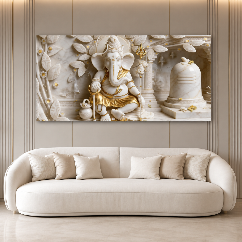 Royal 3D White Gold Ganesha Temple Canvas Painting with Shivling for Home Decor