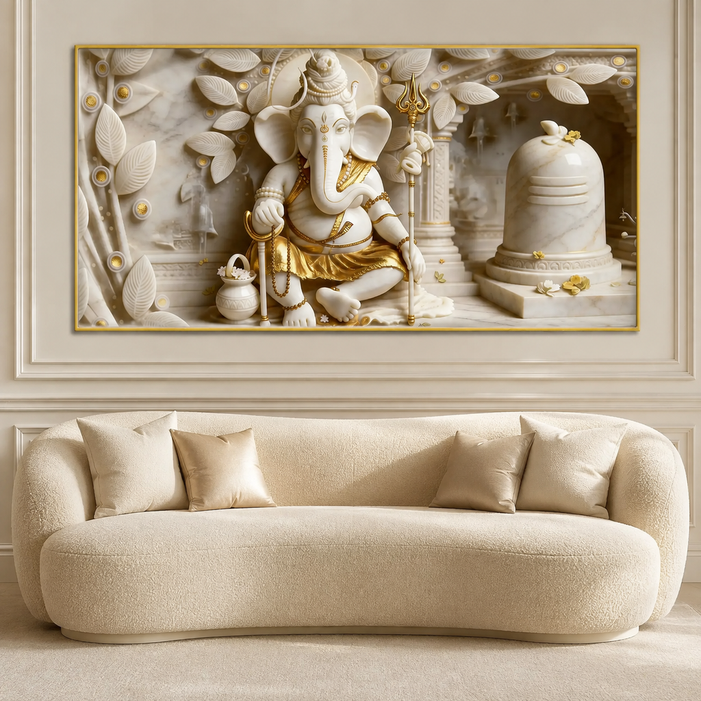 Royal 3D White Gold Ganesha Temple Canvas Painting with Shivling for Home Decor