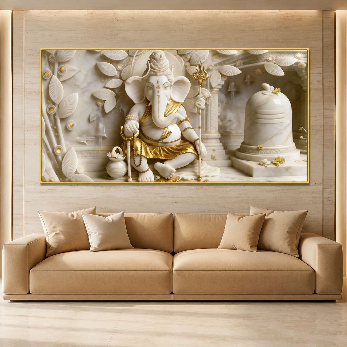 Royal 3D White Gold Ganesha Temple Canvas Painting with Shivling for Home Decor