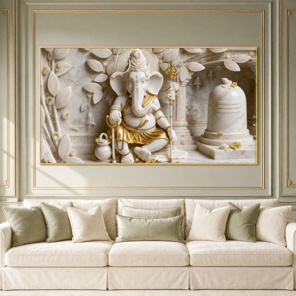 Royal 3D White Gold Ganesha Temple Canvas Painting with Shivling for Home Decor