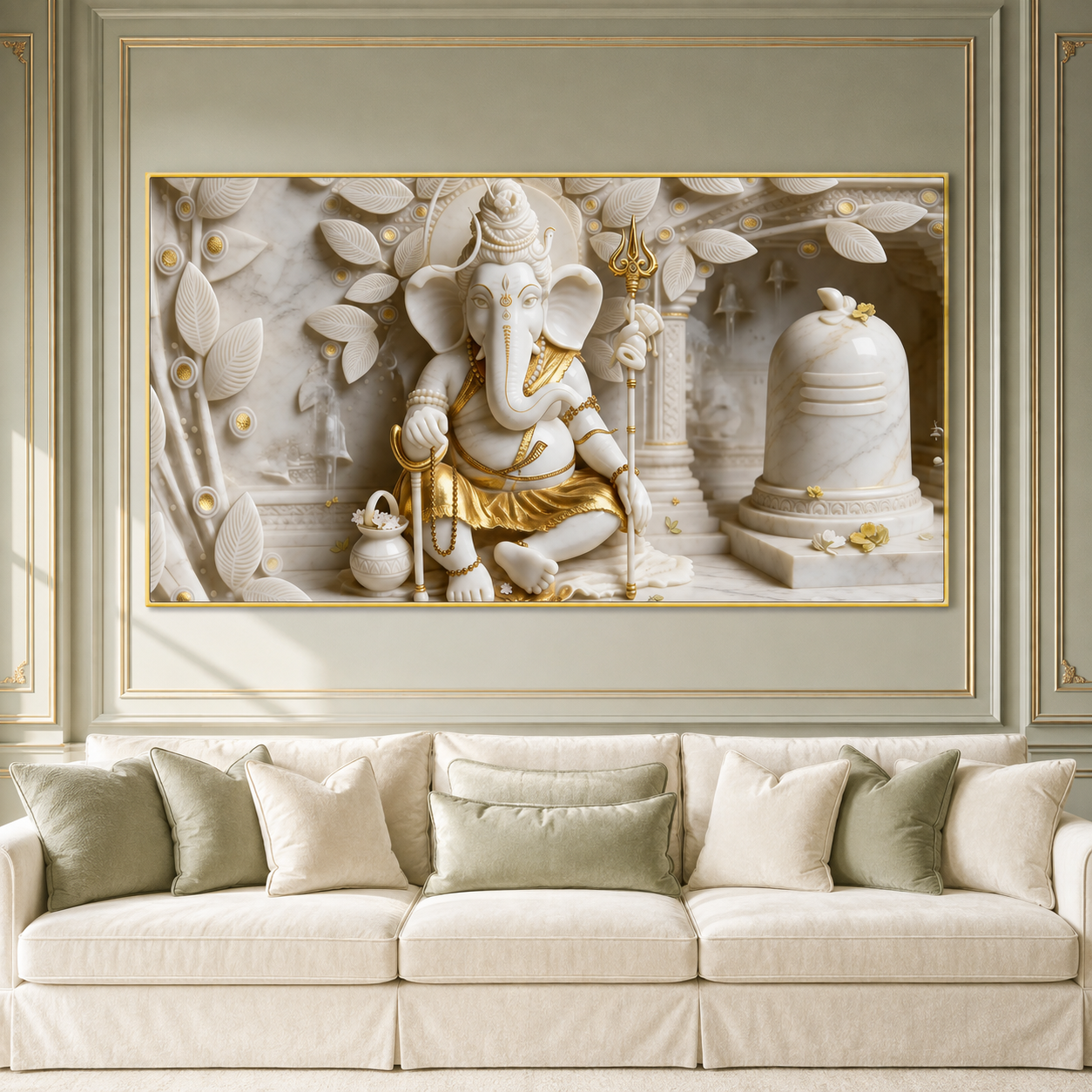 Royal 3D White Gold Ganesha Temple Canvas Painting with Shivling for Home Decor