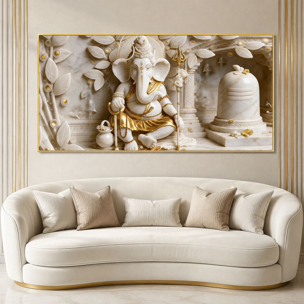 Royal 3D White Gold Ganesha Temple Canvas Painting with Shivling for Home Decor