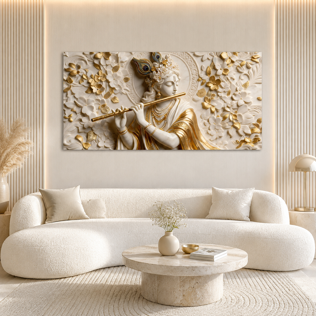 Premium 3D Lord Krishna White and Gold Flute Canvas Wall Art for Home Decor