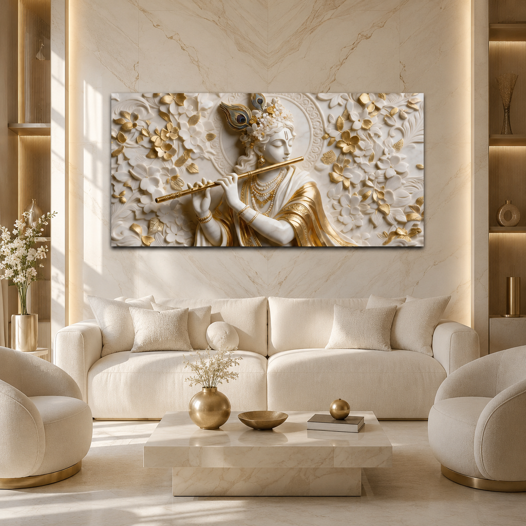 Premium 3D Lord Krishna White and Gold Flute Canvas Wall Art for Home Decor