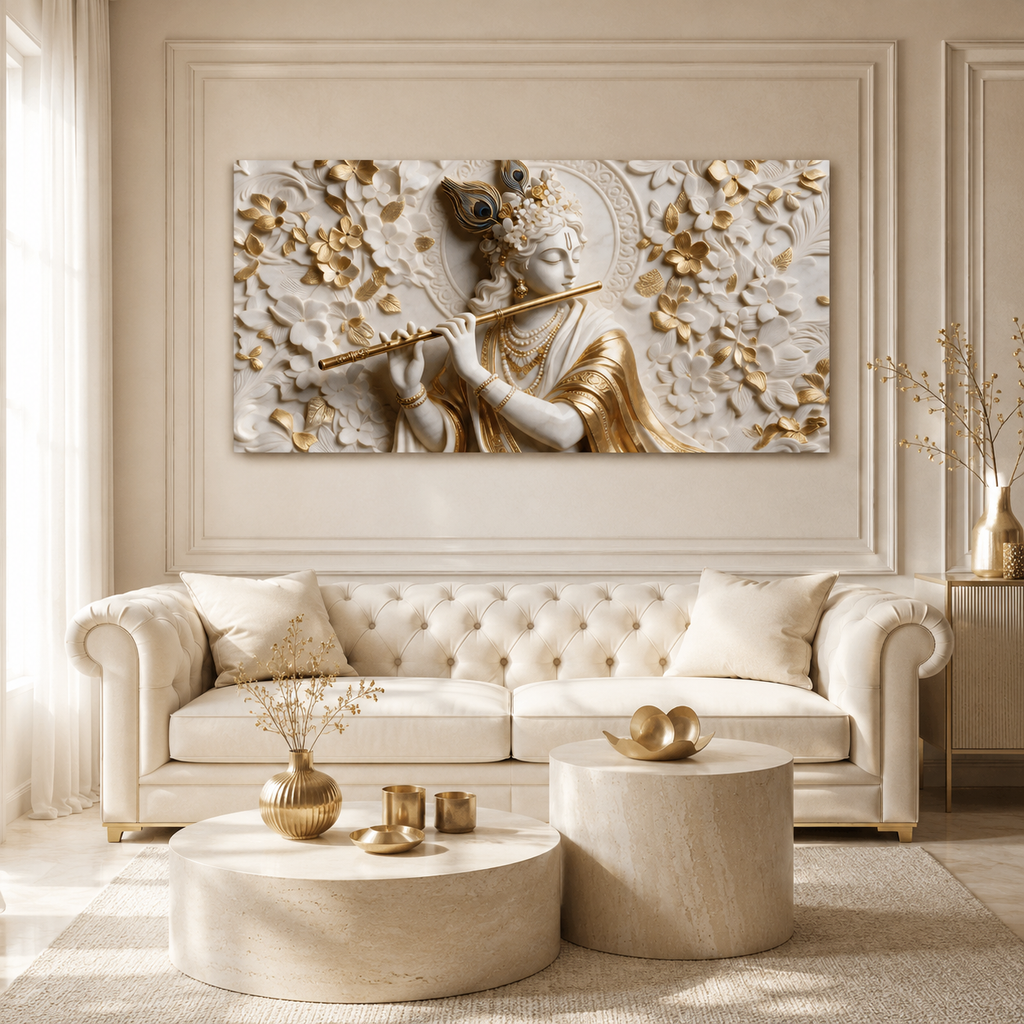 Premium 3D Lord Krishna White and Gold Flute Canvas Wall Art for Home Decor