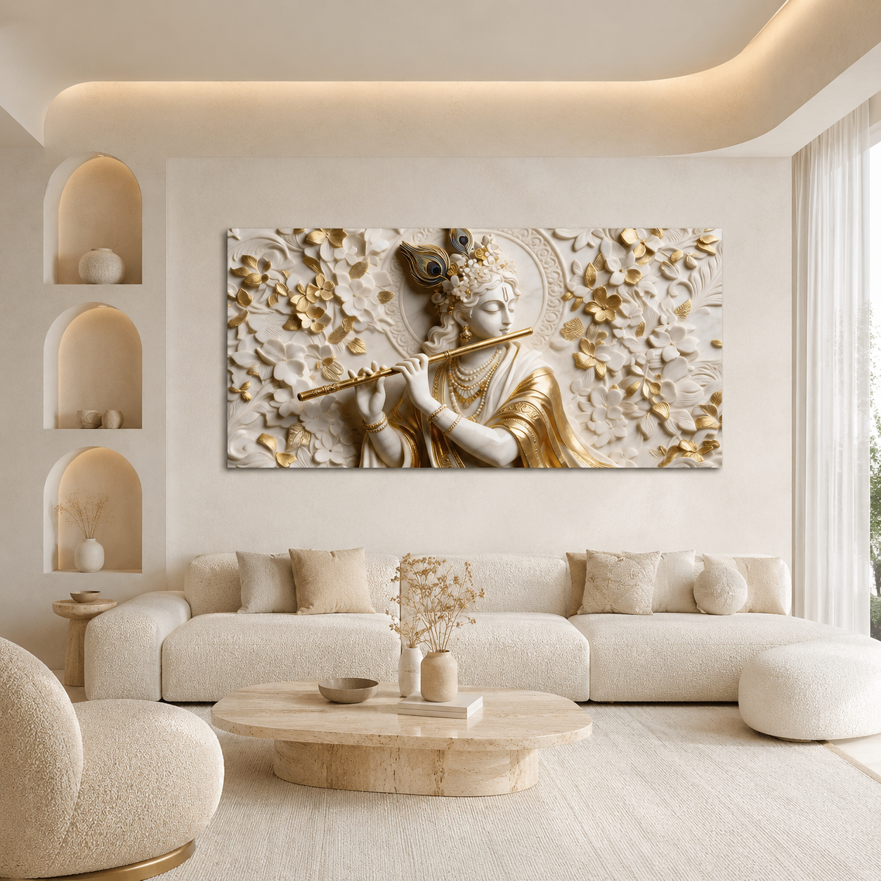 Premium 3D Lord Krishna White and Gold Flute Canvas Wall Art for Home Decor