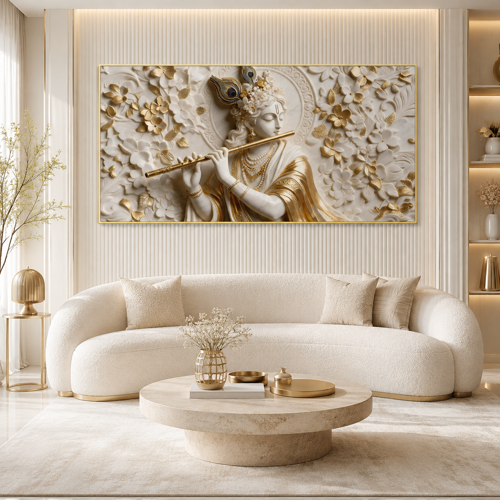 Premium 3D Lord Krishna White and Gold Flute Canvas Wall Art for Home Decor