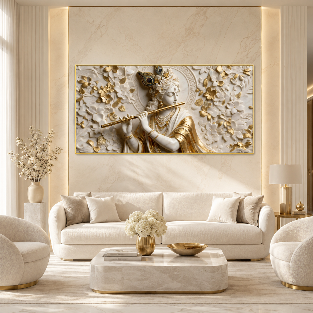 Premium 3D Lord Krishna White and Gold Flute Canvas Wall Art for Home Decor