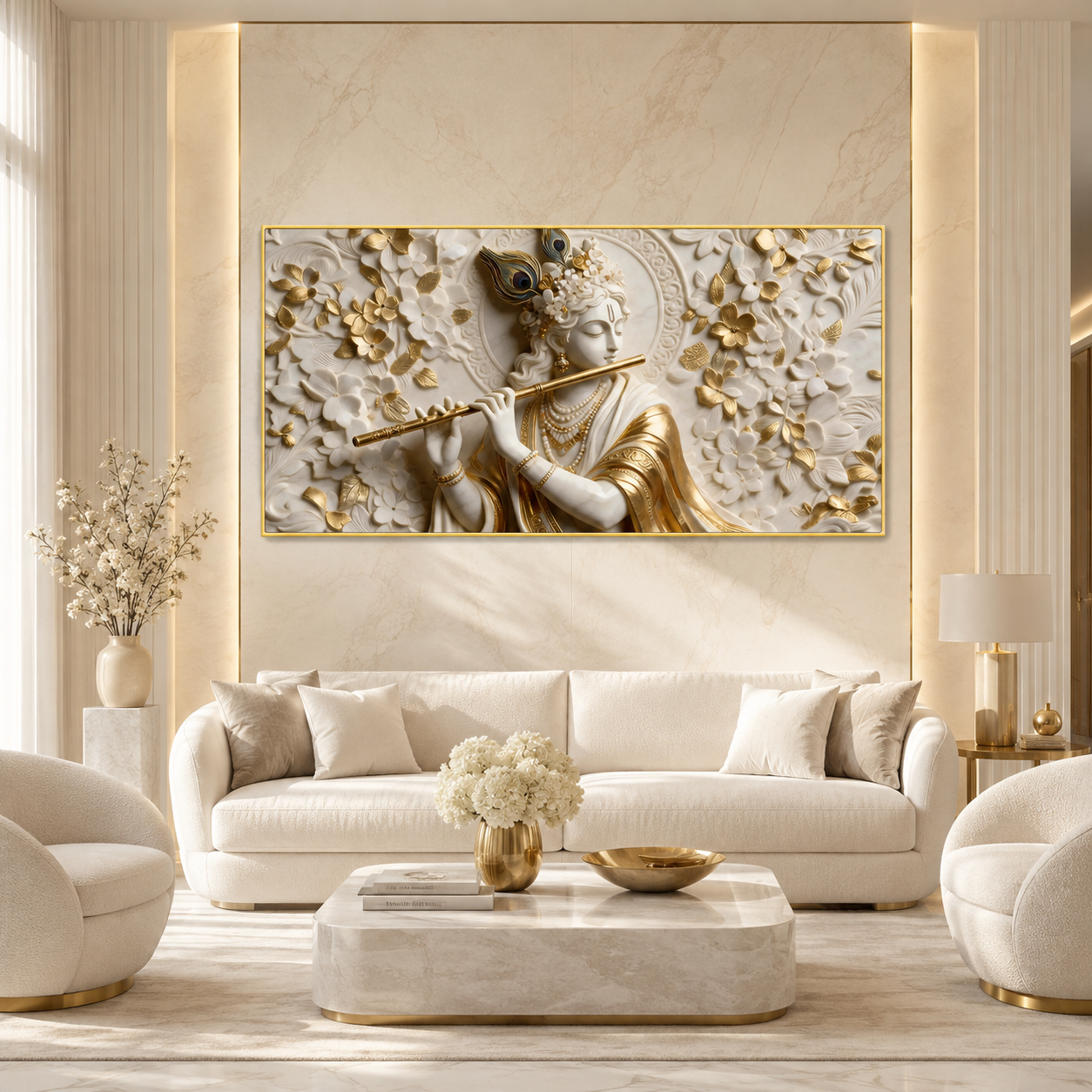 Premium 3D Lord Krishna White and Gold Flute Canvas Wall Art for Home Decor