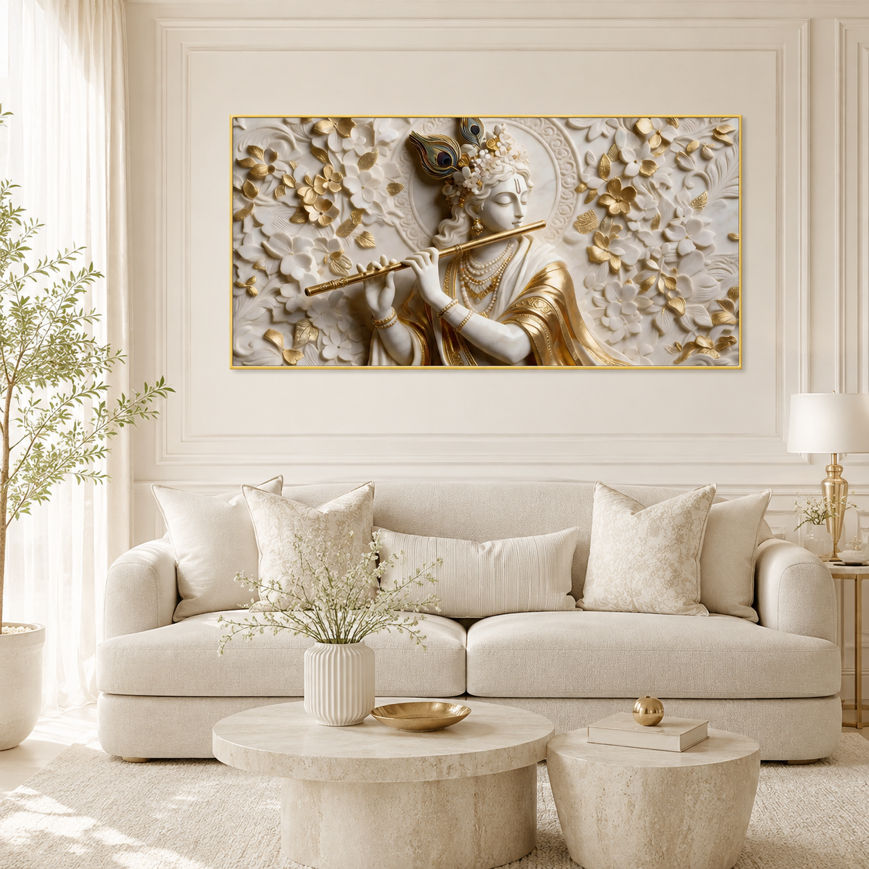Premium 3D Lord Krishna White and Gold Flute Canvas Wall Art for Home Decor