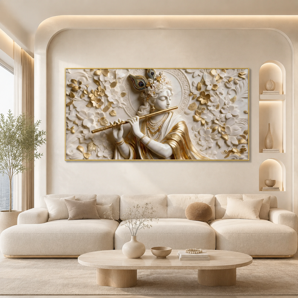 Premium 3D Lord Krishna White and Gold Flute Canvas Wall Art for Home Decor
