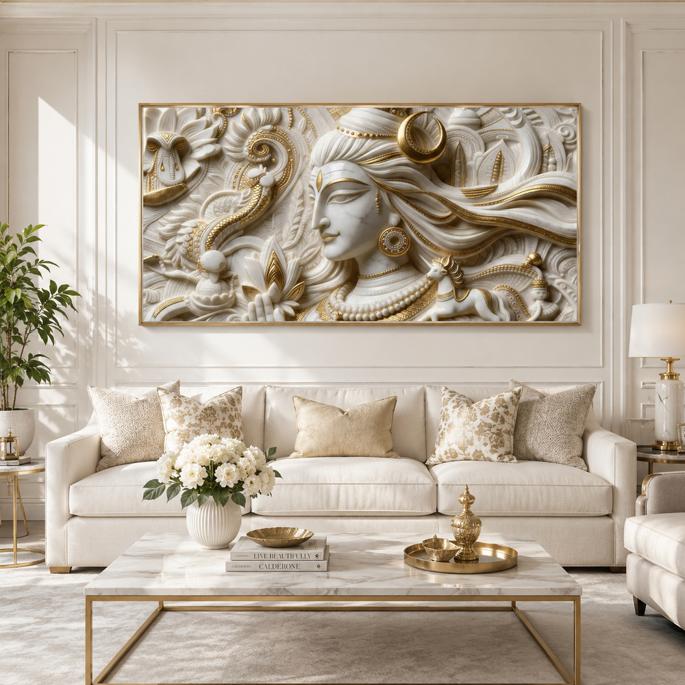 Serene 3D Embossed Lord Shiva Painting - White Marble & Gold Leaf Wall Decor for Living Room