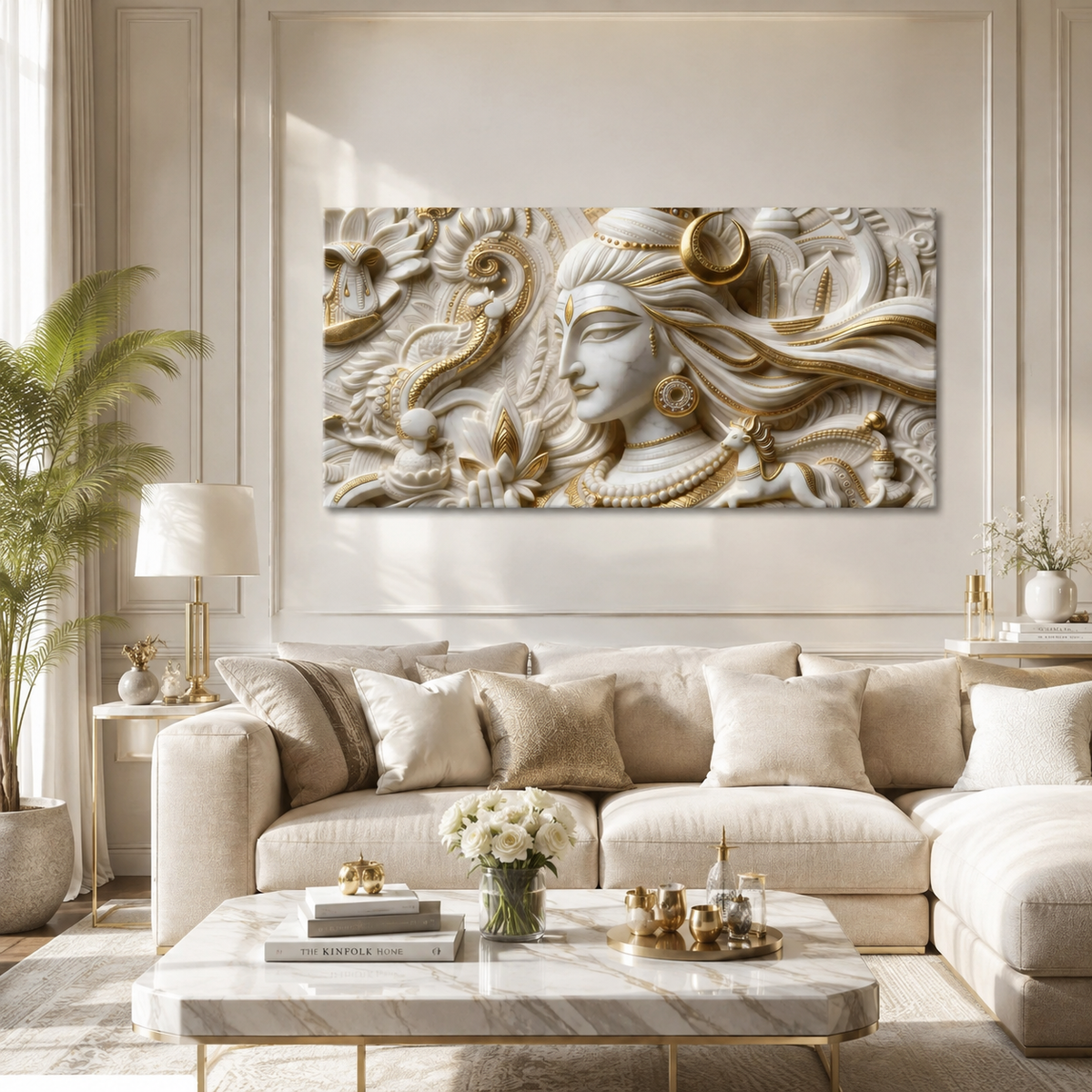 Serene 3D Embossed Lord Shiva Painting - White Marble & Gold Leaf Wall Decor for Living Room
