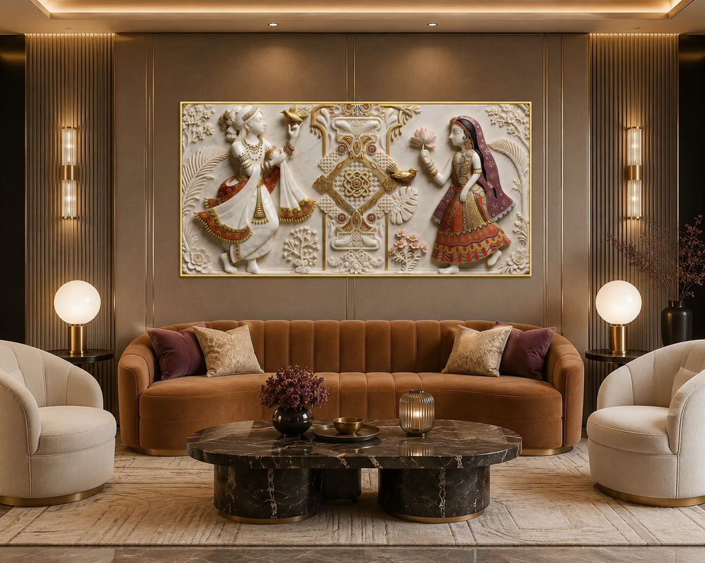 Radha Krishna 3D Embossed Painting Traditional Indian Spiritual Wall Decor