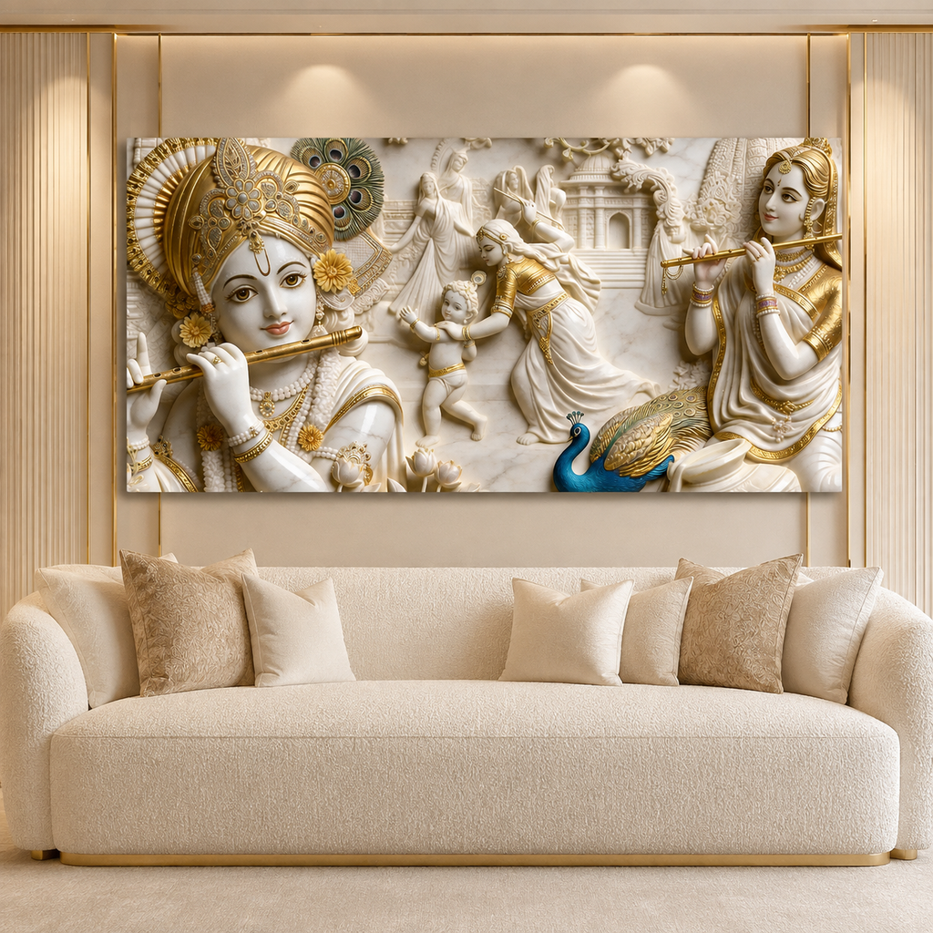 Artistic 3D Lord Krishna Flute and Radha White Gold Canvas Wall Art