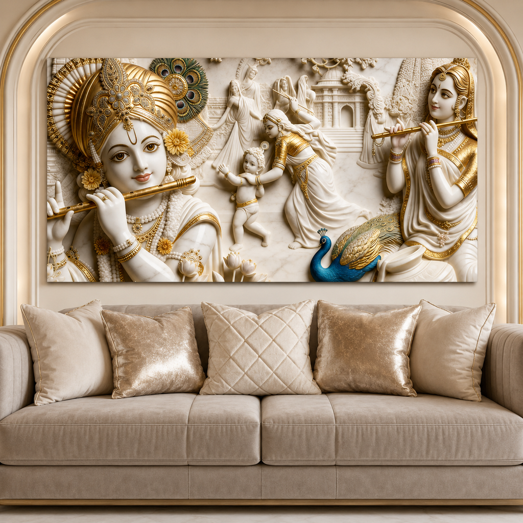 Artistic 3D Lord Krishna Flute and Radha White Gold Canvas Wall Art