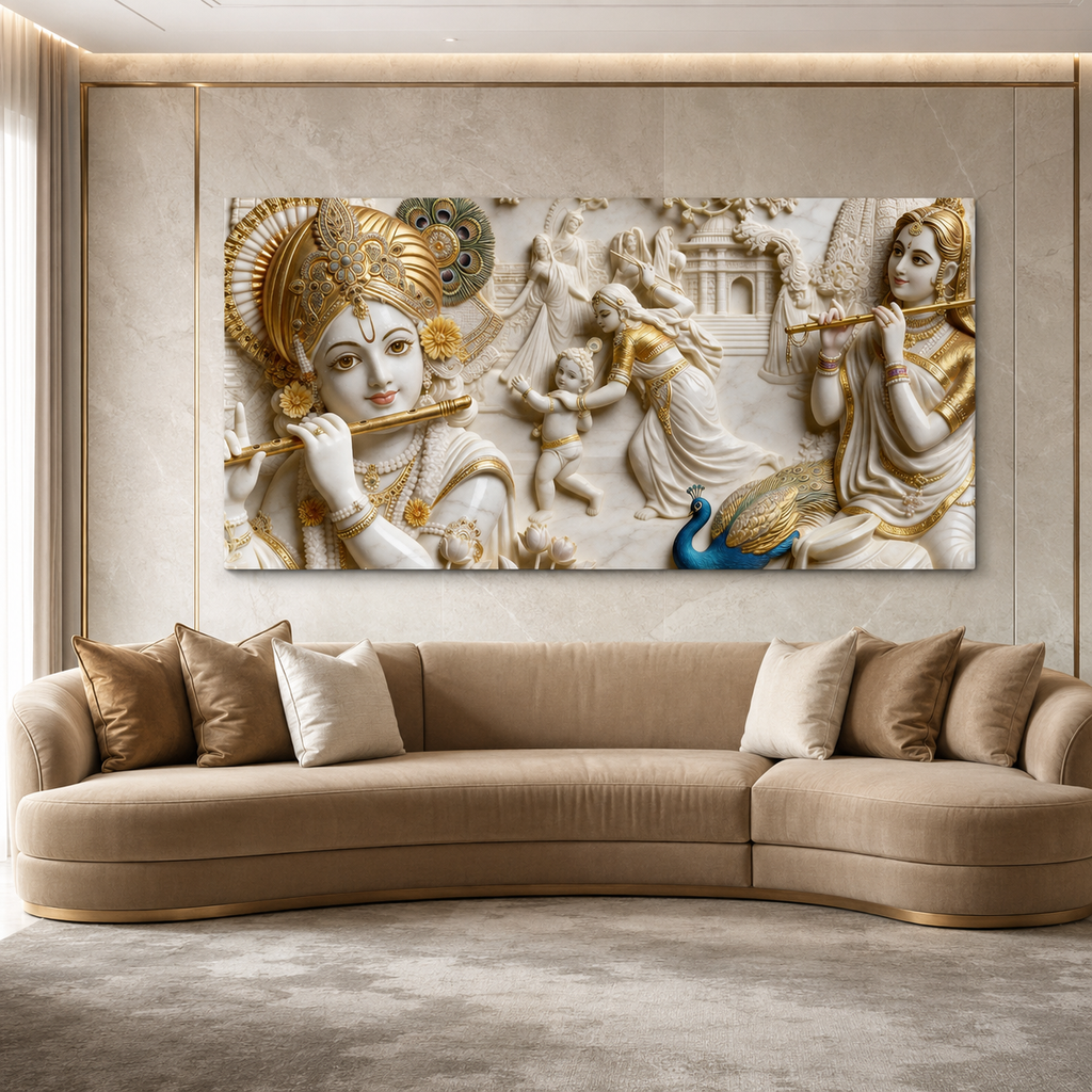 Artistic 3D Lord Krishna Flute and Radha White Gold Canvas Wall Art